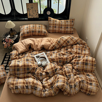 Комплект спално бельо от три части, японски стил, с райета, измит полиестер, реактивно багрен