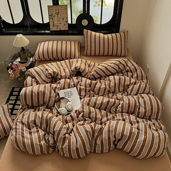 Комплект спално бельо от три части, японски стил, с райета, измит полиестер, реактивно багрен