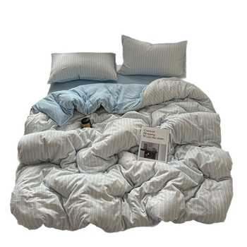 Комплект спално бельо от три части, японски стил, с райета, измит полиестер, реактивно багрен