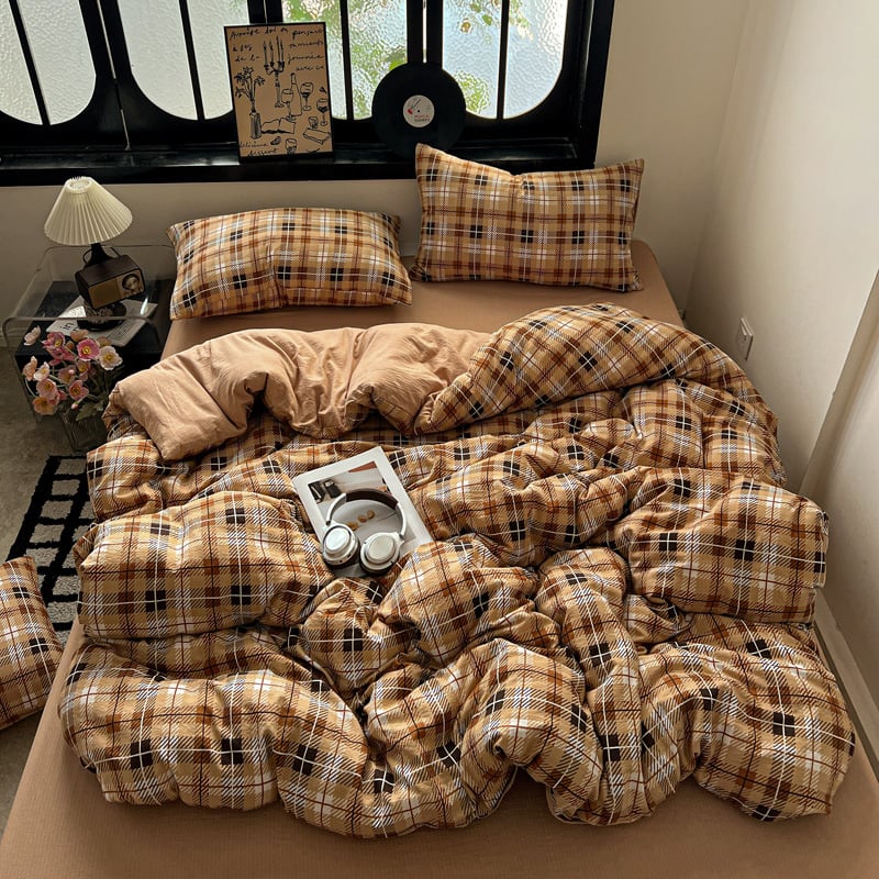 Комплект спално бельо от три части, японски стил, с райета, измит полиестер, реактивно багрен