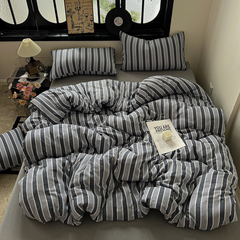 Комплект спално бельо от три части, японски стил, с райета, измит полиестер, реактивно багрен