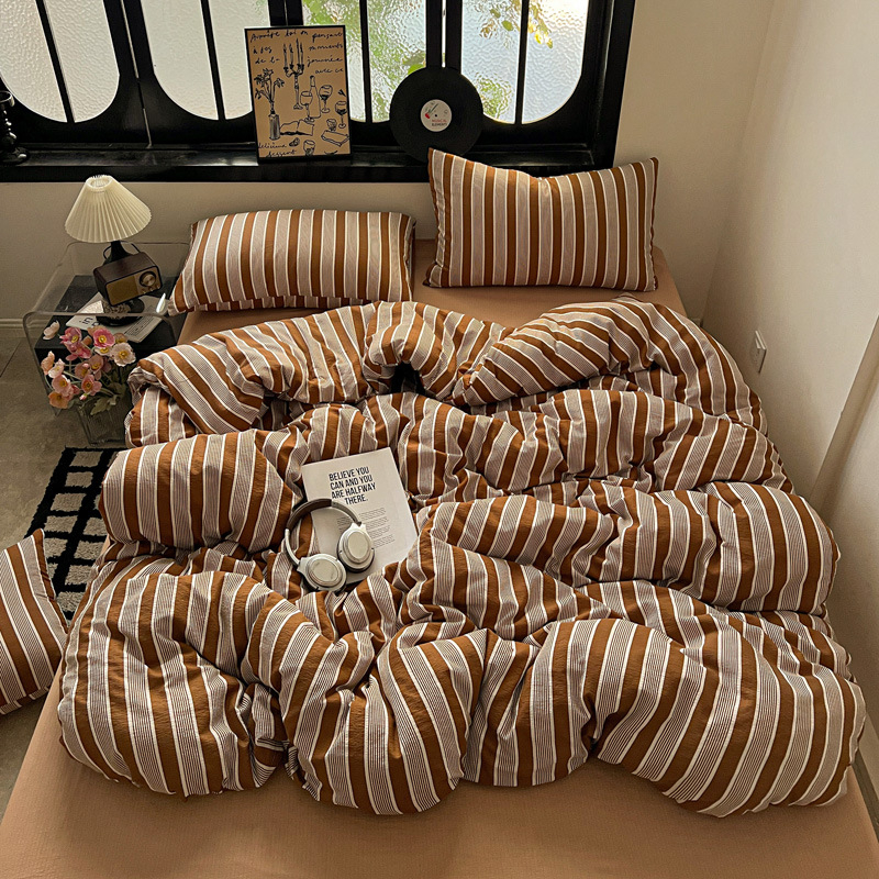 Комплект спално бельо от три части, японски стил, с райета, измит полиестер, реактивно багрен