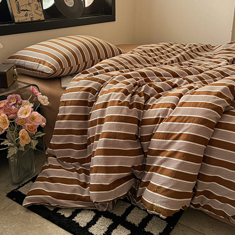 Комплект спално бельо от три части, японски стил, с райета, измит полиестер, реактивно багрен