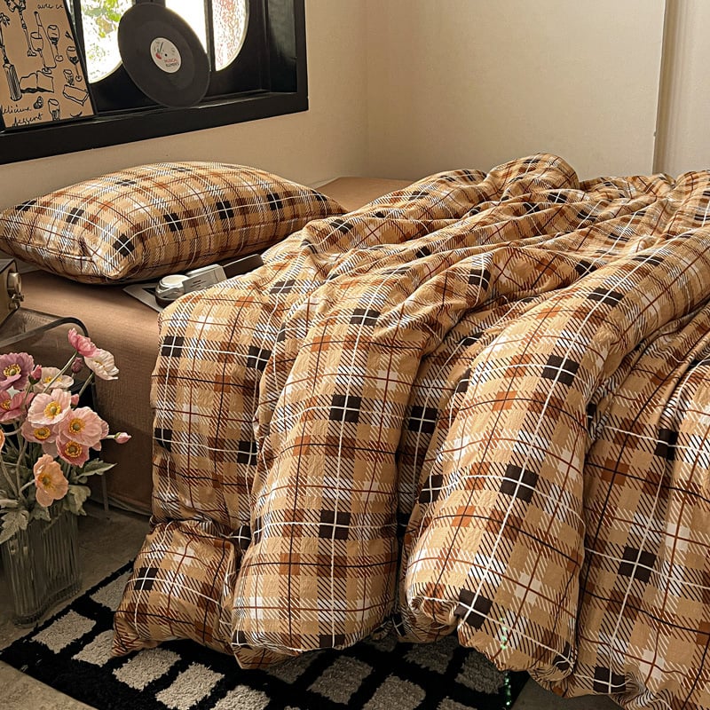 Комплект спално бельо от три части, японски стил, с райета, измит полиестер, реактивно багрен