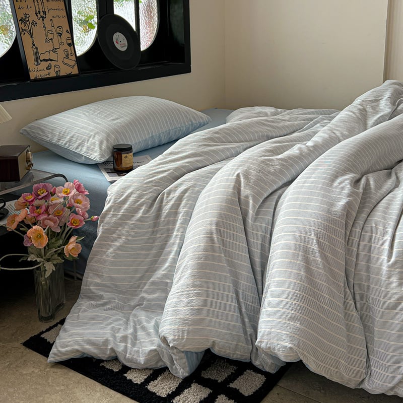 Комплект спално бельо от три части, японски стил, с райета, измит полиестер, реактивно багрен