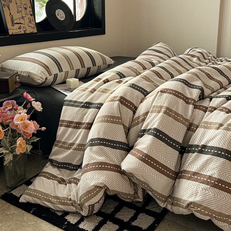 Комплект спално бельо от три части, японски стил, с райета, измит полиестер, реактивно багрен