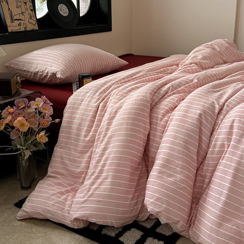 Комплект спално бельо от три части, японски стил, с райета, измит полиестер, реактивно багрен