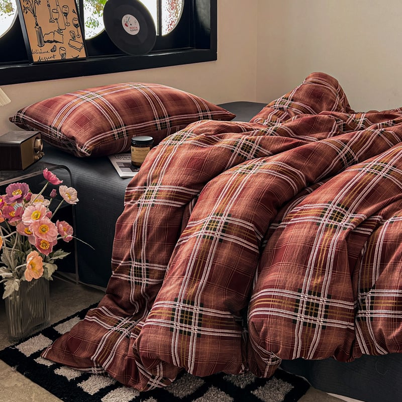 Комплект спално бельо от три части, японски стил, с райета, измит полиестер, реактивно багрен