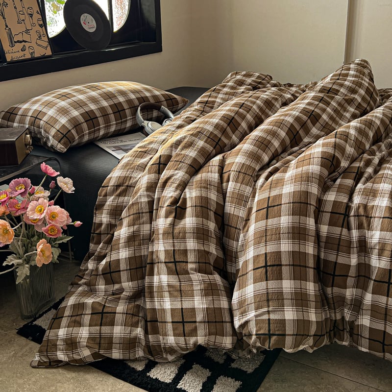 Комплект спално бельо от три части, японски стил, с райета, измит полиестер, реактивно багрен