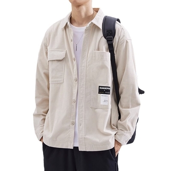 Cămașă bărbătească cu textură de waffle, croială lejeră, mâneci lungi, guler rever, material gros