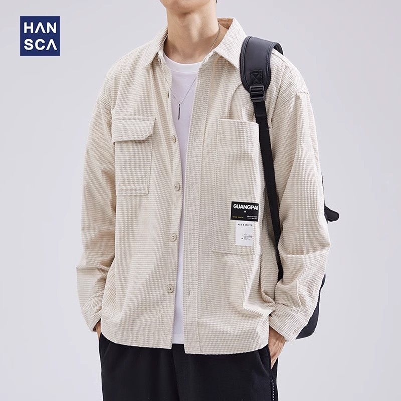 Cămașă bărbătească cu textură de waffle, croială lejeră, mâneci lungi, guler rever, material gros