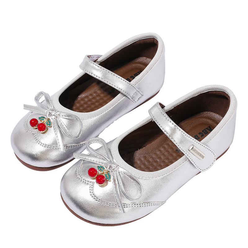 Pantofi pentru fete din piele, stil prințesă, funda, închidere Velcro, talpă din cauciuc, partea super-fibră