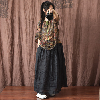 Fustă lungă din ramie și bumbac, croială lejeră, ușoară, margine cu franjuri duble, tehnică de vopsire, stil literar retro