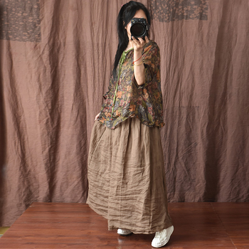 Fustă lungă din ramie și bumbac, croială lejeră, ușoară, margine cu franjuri duble, tehnică de vopsire, stil literar retro