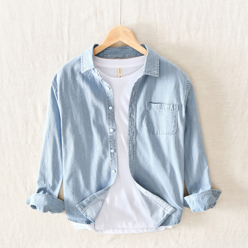 Cămașă bărbătească din bumbac, mânecă lungă, guler pătrat, croială lejeră