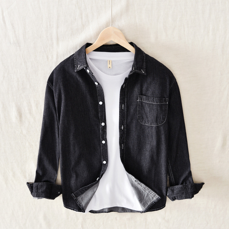 Cămașă bărbătească din bumbac, mânecă lungă, guler pătrat, croială lejeră