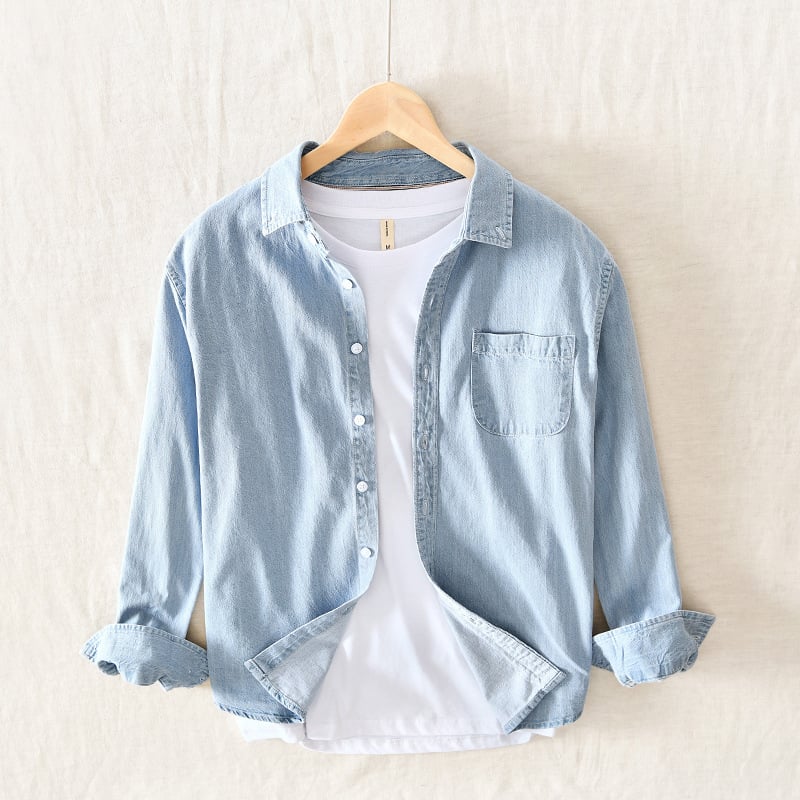 Cămașă bărbătească din bumbac, mânecă lungă, guler pătrat, croială lejeră