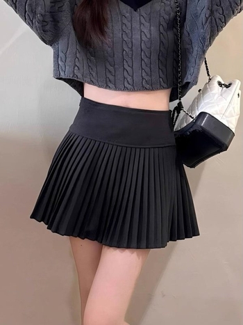 Fustă mini plisată în linie A, din lână cu elastan, elasticitate medie, toamnă 2025