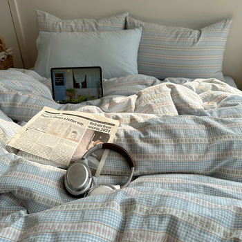 Комплект спално бельо от 100% памук, четири части, райета, тъкан на прежда, реактивно боядисване, тегло 2500–3000 г