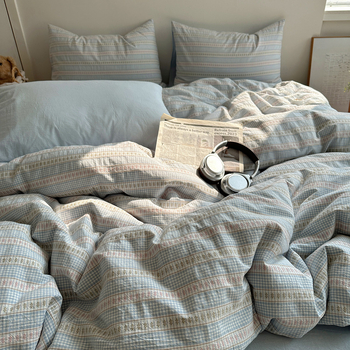 Комплект спално бельо от 100% памук, четири части, райета, тъкан на прежда, реактивно боядисване, тегло 2500–3000 г