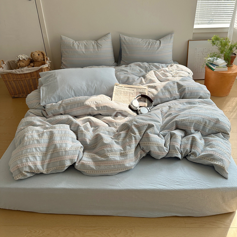 Комплект спално бельо от 100% памук, четири части, райета, тъкан на прежда, реактивно боядисване, тегло 2500–3000 г