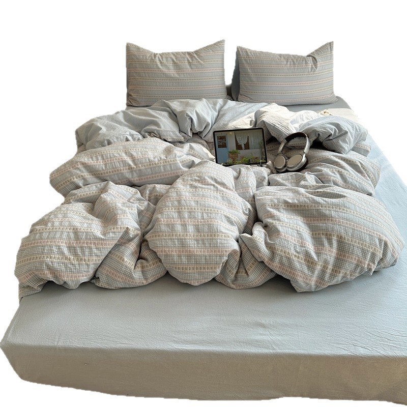 Комплект спално бельо от 100% памук, четири части, райета, тъкан на прежда, реактивно боядисване, тегло 2500–3000 г