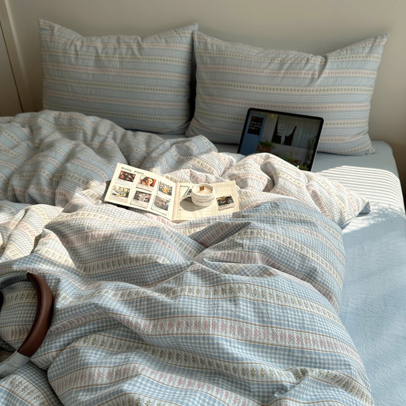 Комплект спално бельо от 100% памук, четири части, райета, тъкан на прежда, реактивно боядисване, тегло 2500–3000 г