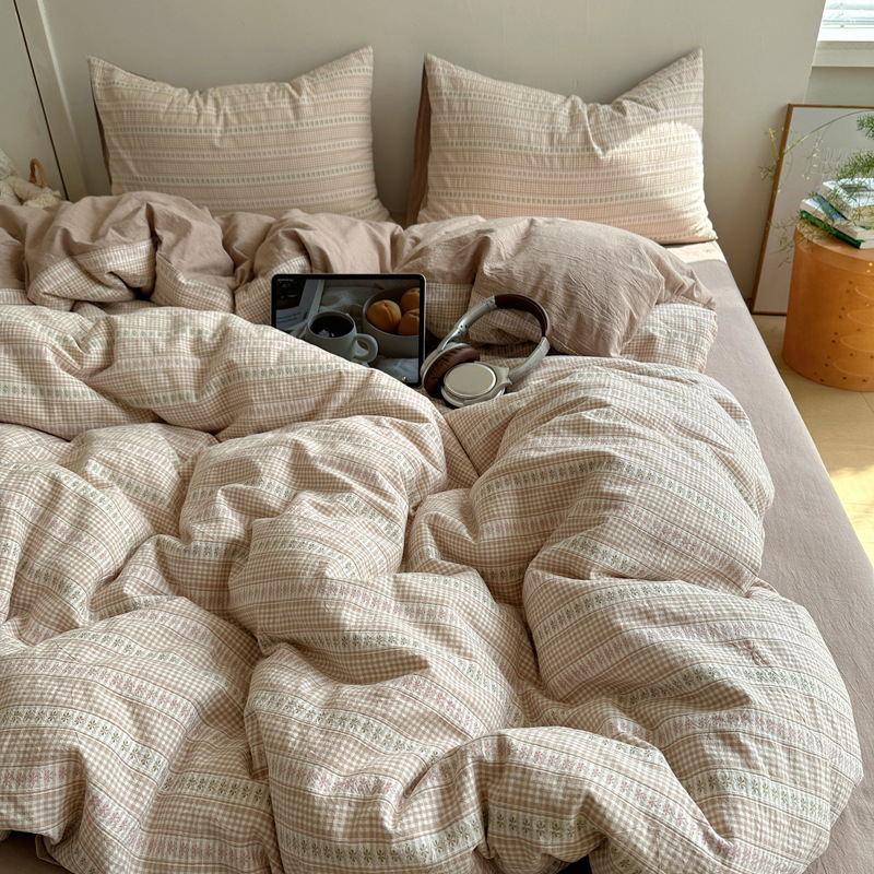 Комплект спално бельо от 100% памук, четири части, райета, тъкан на прежда, реактивно боядисване, тегло 2500–3000 г