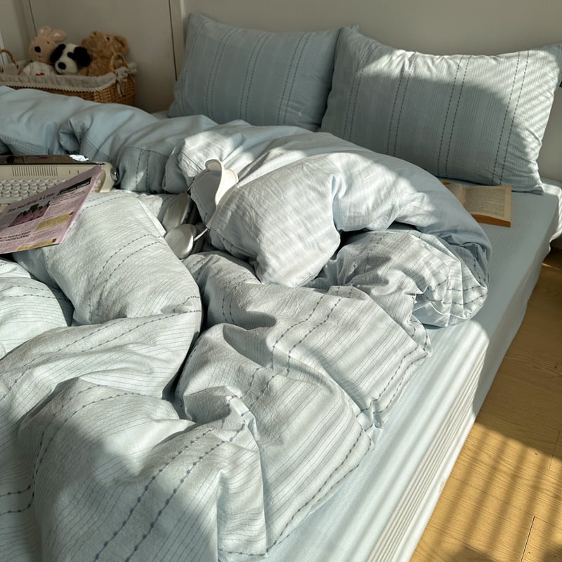 Комплект спално бельо от 100% памук, четири части, райета, тъкан на прежда, реактивно боядисване, тегло 2500–3000 г