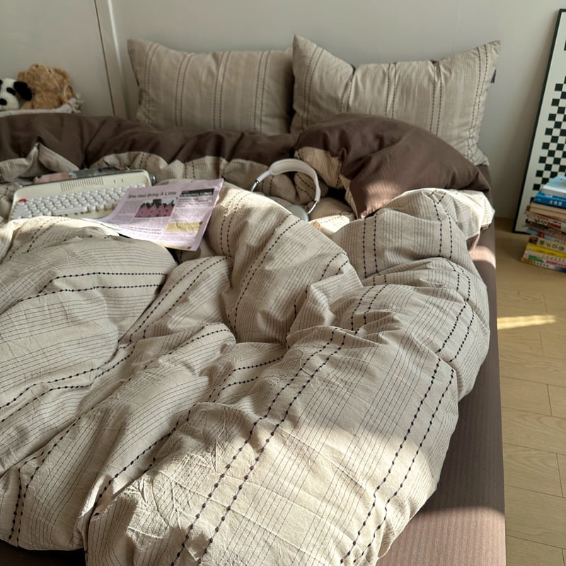 Комплект спално бельо от 100% памук, четири части, райета, тъкан на прежда, реактивно боядисване, тегло 2500–3000 г