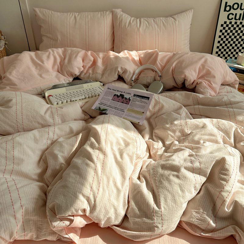 Комплект спално бельо от 100% памук, четири части, райета, тъкан на прежда, реактивно боядисване, тегло 2500–3000 г