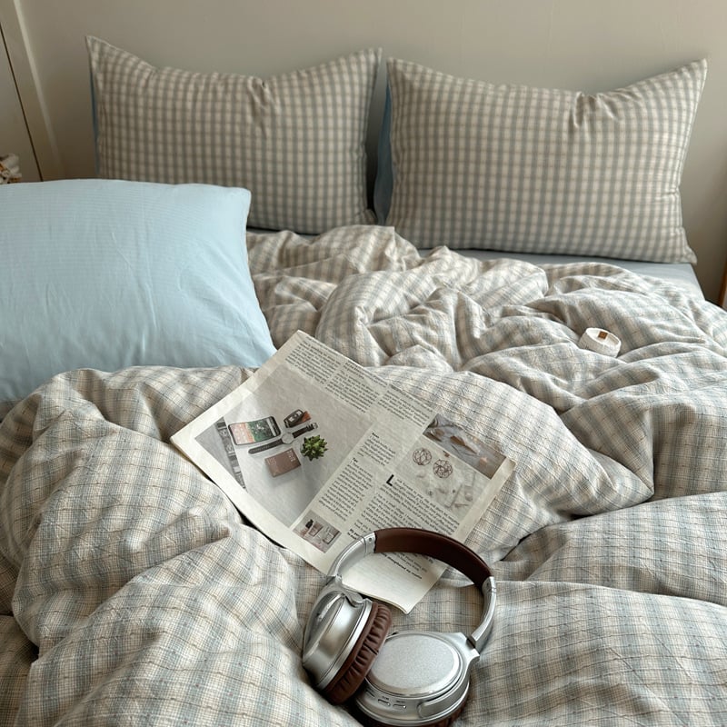 Комплект спално бельо от 100% памук, четири части, райета, тъкан на прежда, реактивно боядисване, тегло 2500–3000 г