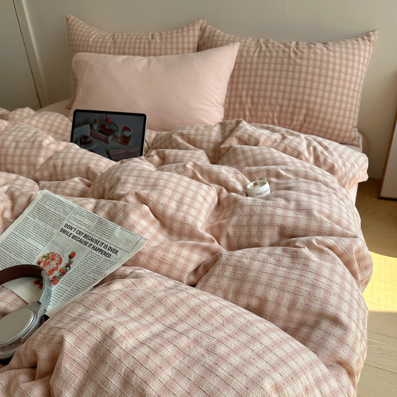 Комплект спално бельо от 100% памук, четири части, райета, тъкан на прежда, реактивно боядисване, тегло 2500–3000 г