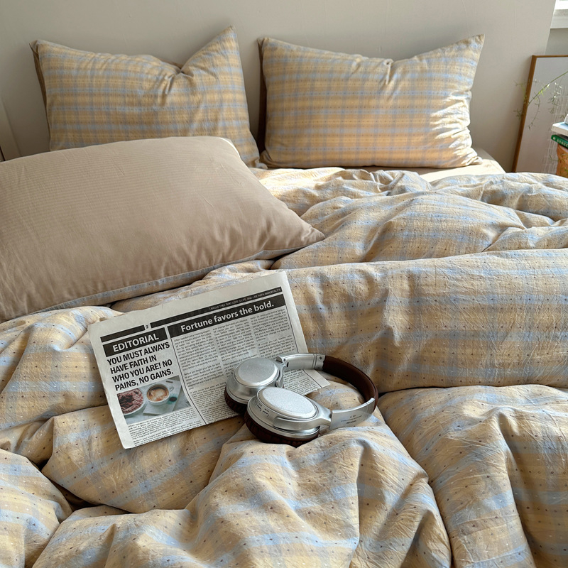 Комплект спално бельо от 100% памук, четири части, райета, тъкан на прежда, реактивно боядисване, тегло 2500–3000 г