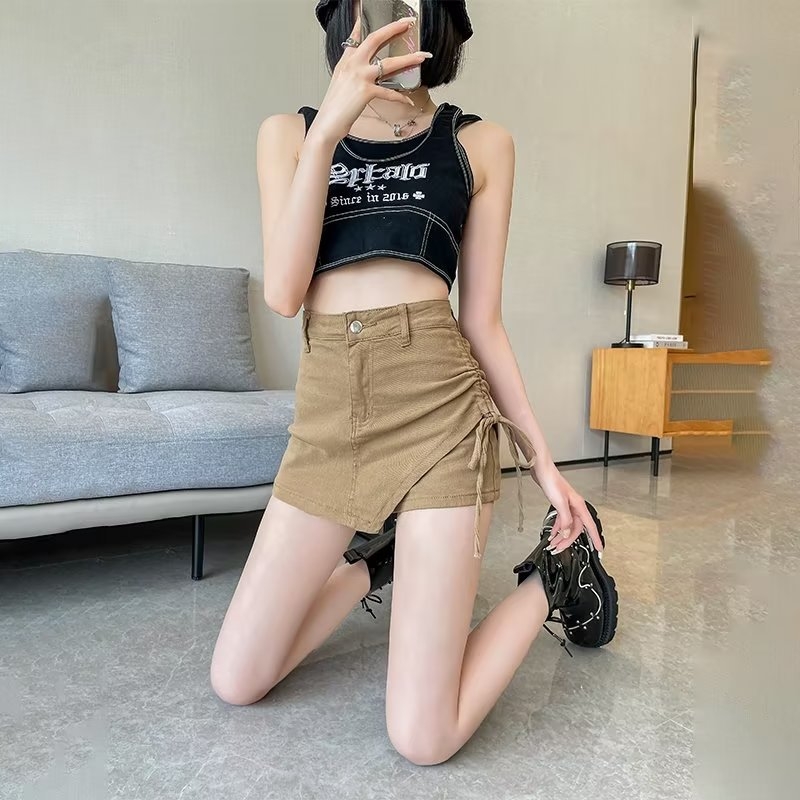 Nepravidelná džínová krátka sukňa so šnúrkou, A-linijný strih, geometrický vzor, bavlnený elastický denim, vysoká elasticita, bez žehlenia, leto 2025