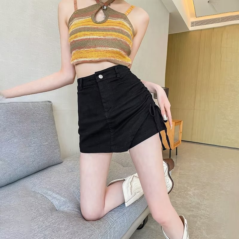 Nepravidelná džínová krátka sukňa so šnúrkou, A-linijný strih, geometrický vzor, bavlnený elastický denim, vysoká elasticita, bez žehlenia, leto 2025