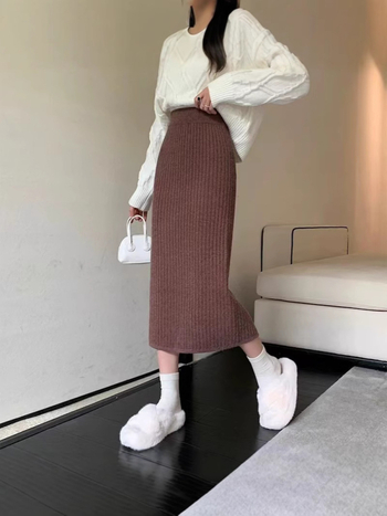 Fustă damă A-line, lungă, talie înaltă, despicare frontală, căptușită cu fleece, poliester 95%+