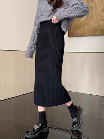 Fustă damă A-line, lungă, talie înaltă, despicare frontală, căptușită cu fleece, poliester 95%+