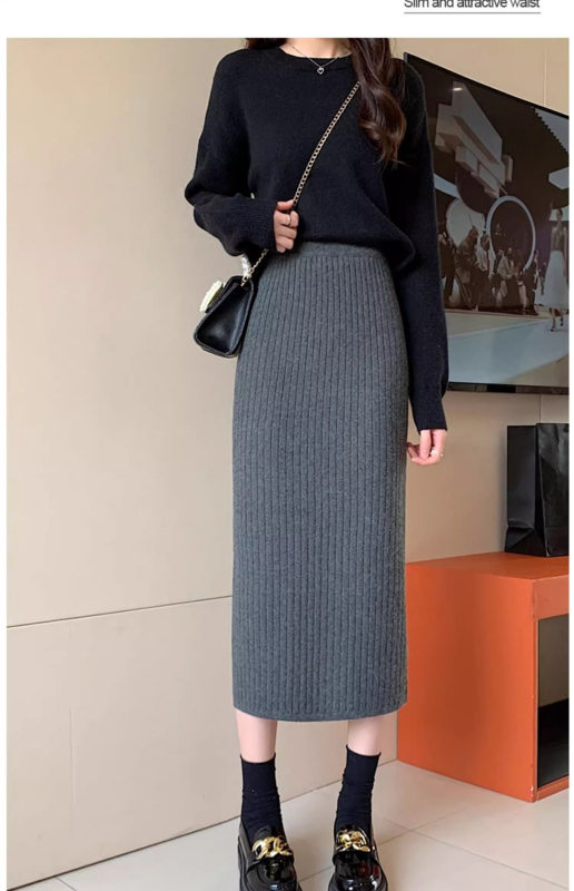 Fustă damă A-line, lungă, talie înaltă, despicare frontală, căptușită cu fleece, poliester 95%+