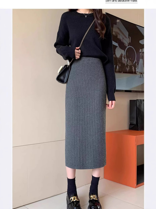 Fustă damă A-line, lungă, talie înaltă, despicare frontală, căptușită cu fleece, poliester 95%+