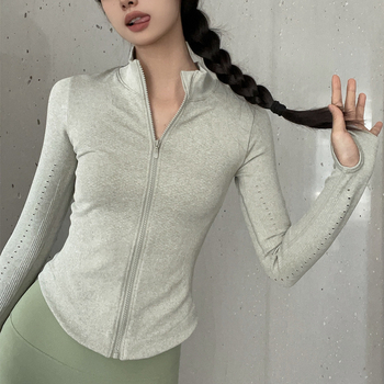 Gyorsan száradó edzés- és jóga kabát, hosszú ujjú, álló gallér, pamut-nylon keverék, 80% nylon, őszi viselet