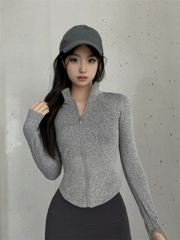 Gyorsan száradó edzés- és jóga kabát, hosszú ujjú, álló gallér, pamut-nylon keverék, 80% nylon, őszi viselet