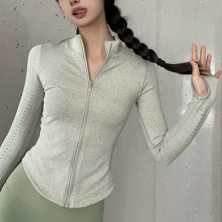 Gyorsan száradó edzés- és jóga kabát, hosszú ujjú, álló gallér, pamut-nylon keverék, 80% nylon, őszi viselet