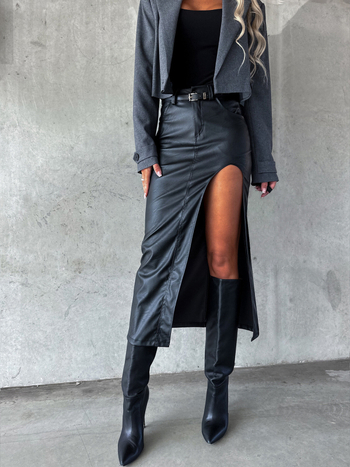 Fustă midi, mulată pe corp, uni, croială cu colaj/îmbinare, material imitatie de lână cu elastan, micro-elastic, toamnă 2023