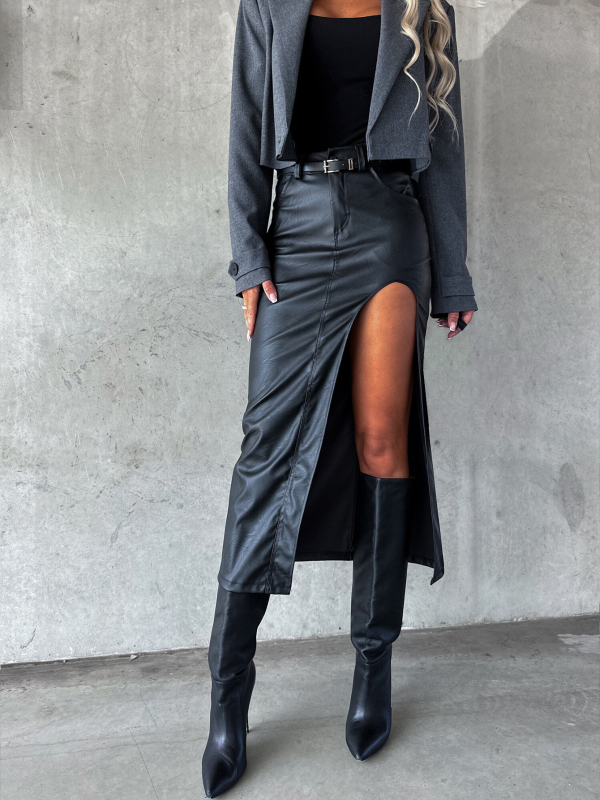 Fustă midi, mulată pe corp, uni, croială cu colaj/îmbinare, material imitatie de lână cu elastan, micro-elastic, toamnă 2023