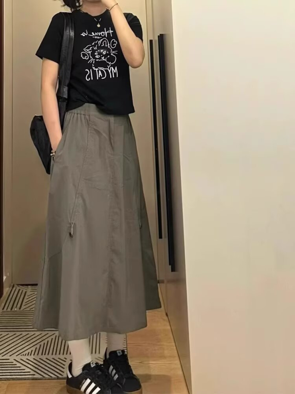 Fustă în linie A, lungime medie, talie înaltă, stil retro literar, țesătură Oxford, poliester 50-70%, micro-elastic