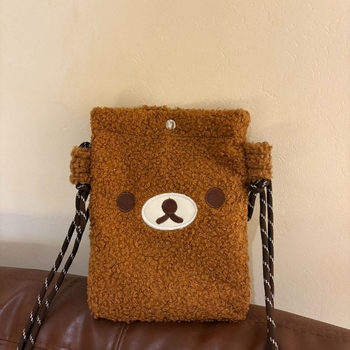 Korejskog stila crossbody torba s plišanim medvjedom i izšivanjem, materijal: pliš ovčji, magnetska kopča, džep za dokumente, jedna naramenica, model: torba za kameru, stil: svjež i sladak