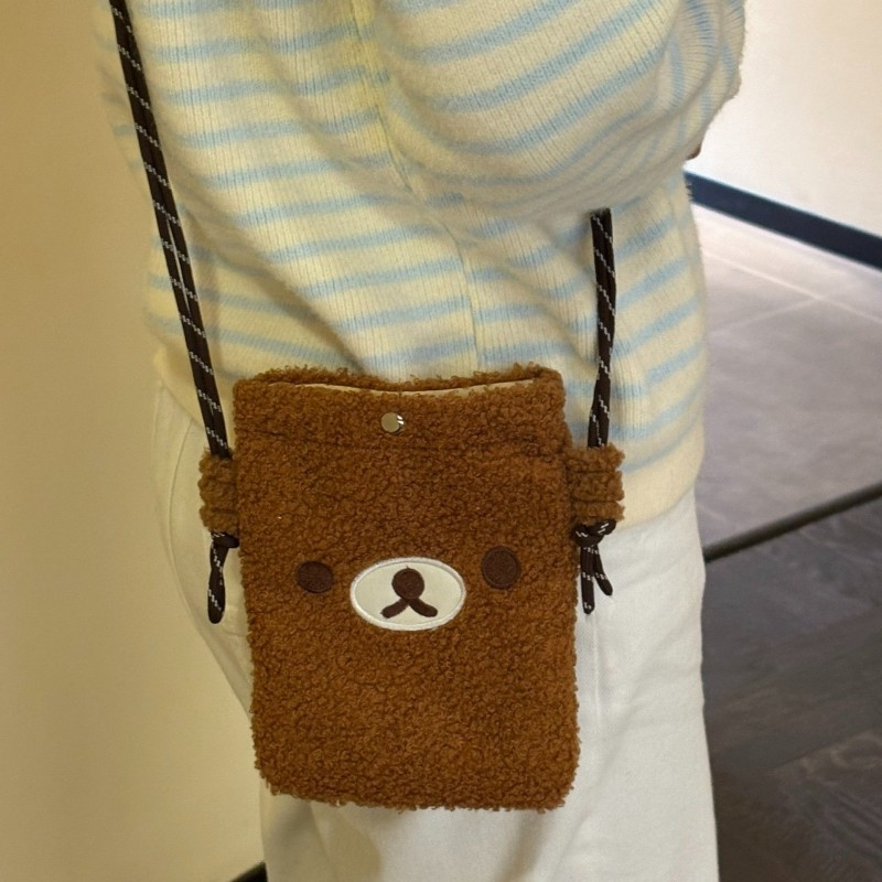 Korejskog stila crossbody torba s plišanim medvjedom i izšivanjem, materijal: pliš ovčji, magnetska kopča, džep za dokumente, jedna naramenica, model: torba za kameru, stil: svjež i sladak