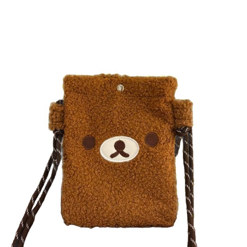 Korejskog stila crossbody torba s plišanim medvjedom i izšivanjem, materijal: pliš ovčji, magnetska kopča, džep za dokumente, jedna naramenica, model: torba za kameru, stil: svjež i sladak