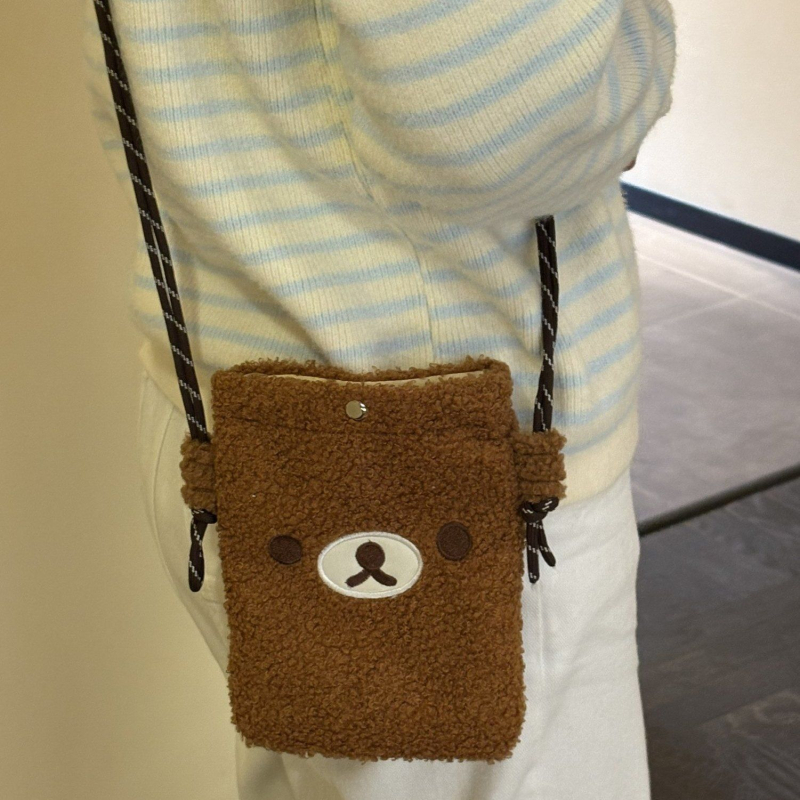 Korejskog stila crossbody torba s plišanim medvjedom i izšivanjem, materijal: pliš ovčji, magnetska kopča, džep za dokumente, jedna naramenica, model: torba za kameru, stil: svjež i sladak